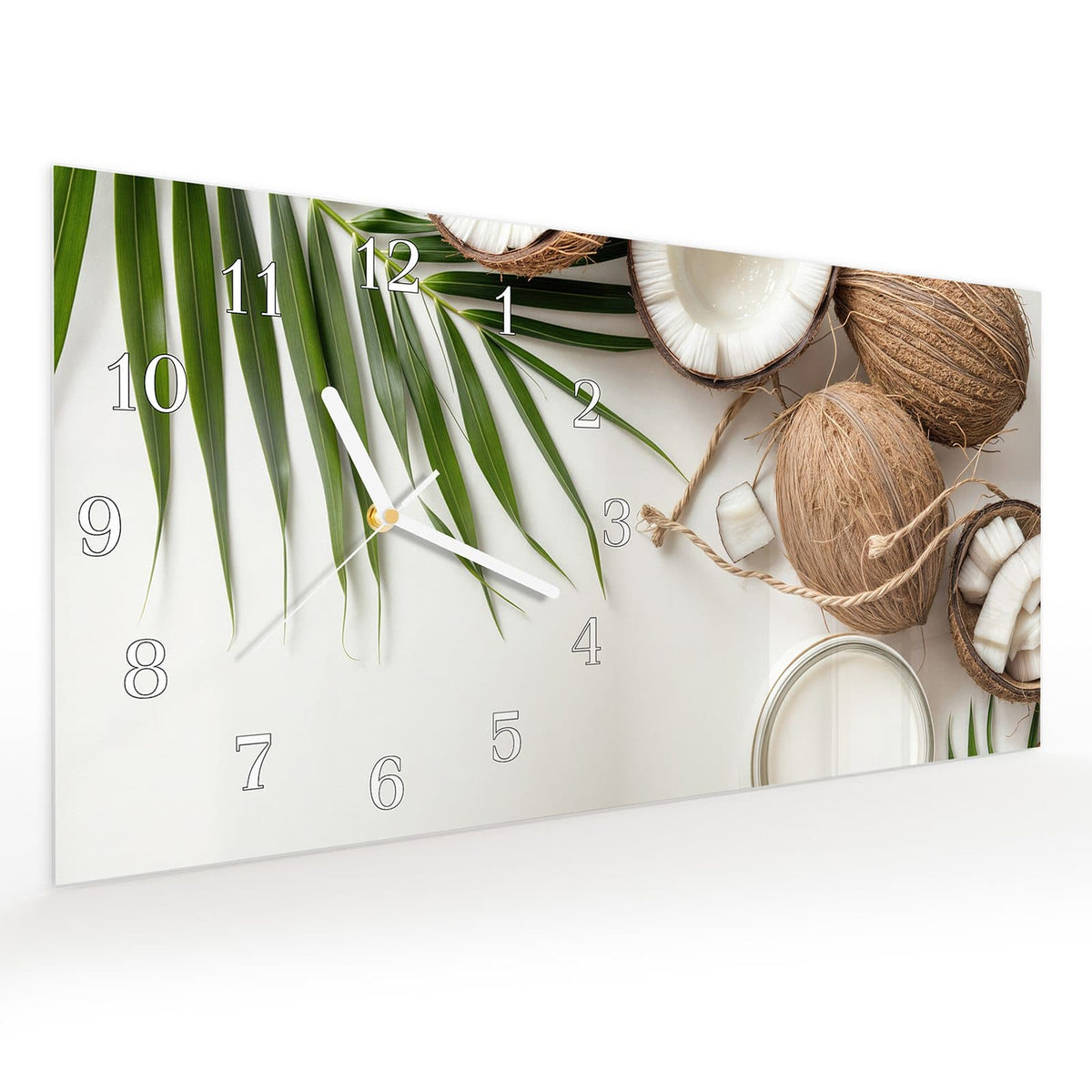 Vormontiert – mit Schwebeeffekt – Wanduhr Kokosnüsse und Blätter aus Glas – Querformat 60 × 30 cm