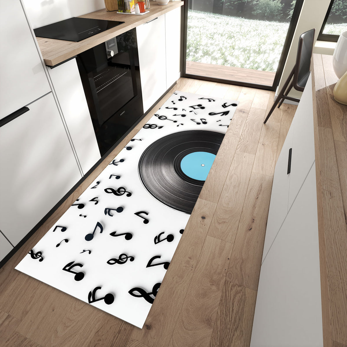 Fleckenresistenter abwaschbarer Küchenteppich mit Motiv Schallplatte Musik in moderner Küche
