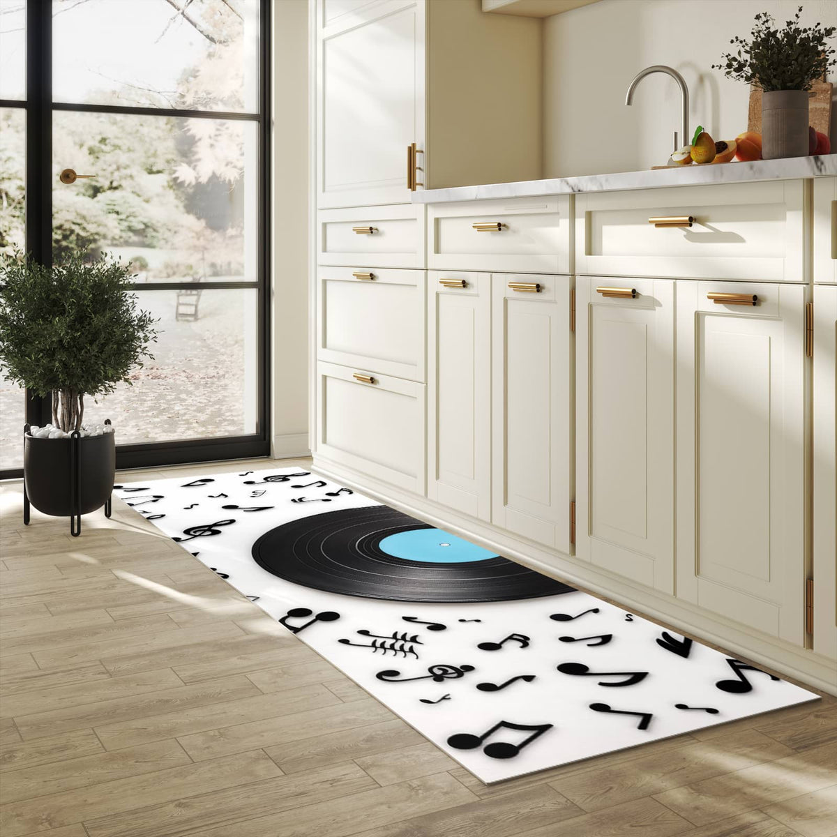 Abriebfester großer Küchenteppich mit Motiv Schallplatte Musik in heller Küche