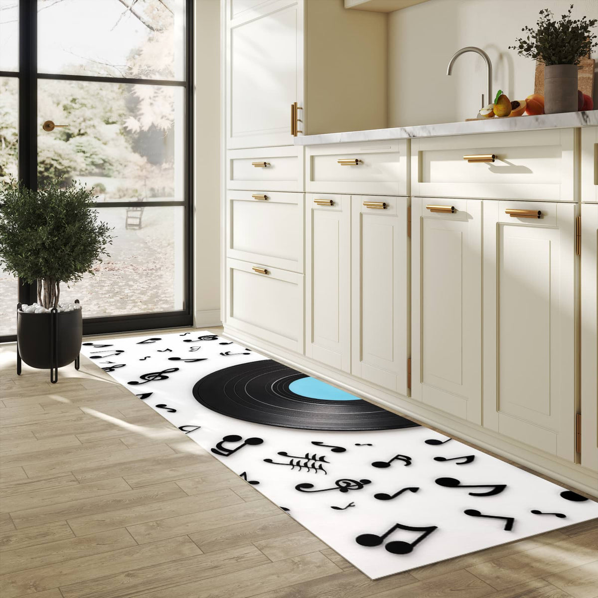 UV-beständiger Küchenteppich mit Motiv Schallplatte Musik in heller Küche