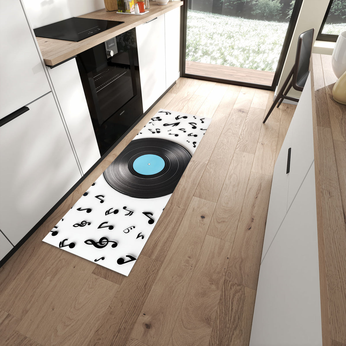 Zeitsparender rutschfester Küchenläufer mit Motiv Schallplatte Musik in moderner Küche