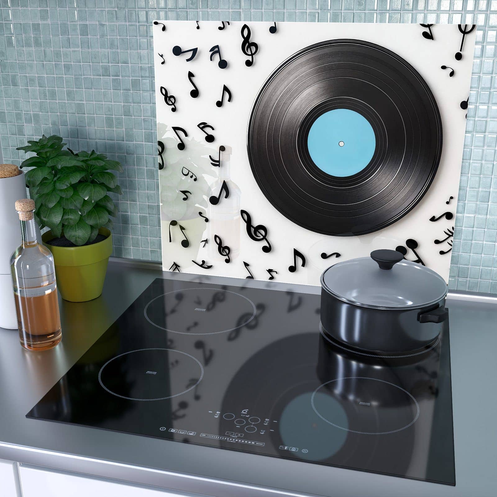 1-teilige Herdabdeckplatte mit Schallplatte Musik-Motiv als Spritzschutz hinter dem Kochfeld