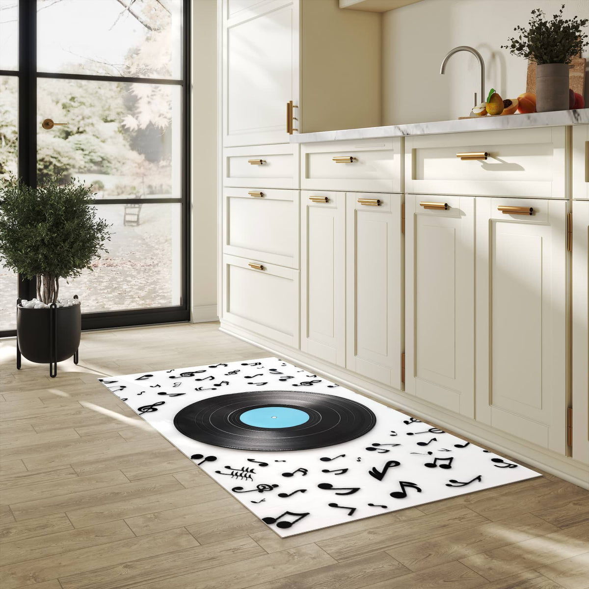 Waschbarer Küchenteppich mit Motiv Schallplatte Musik für Trittkomfort in heller Küche