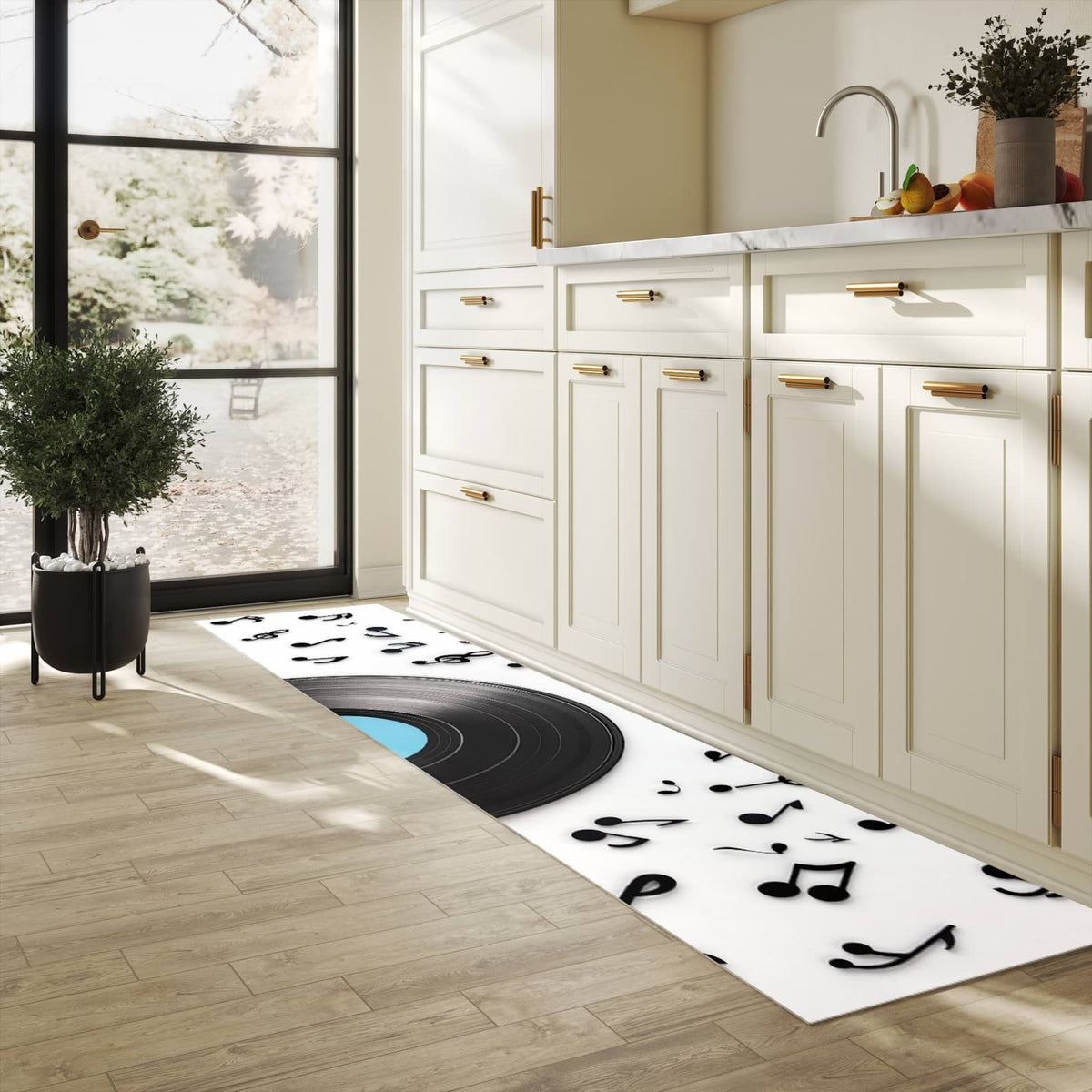 Formstabiler rutschfester Küchenteppich mit Motiv Schallplatte Musik in heller Küche