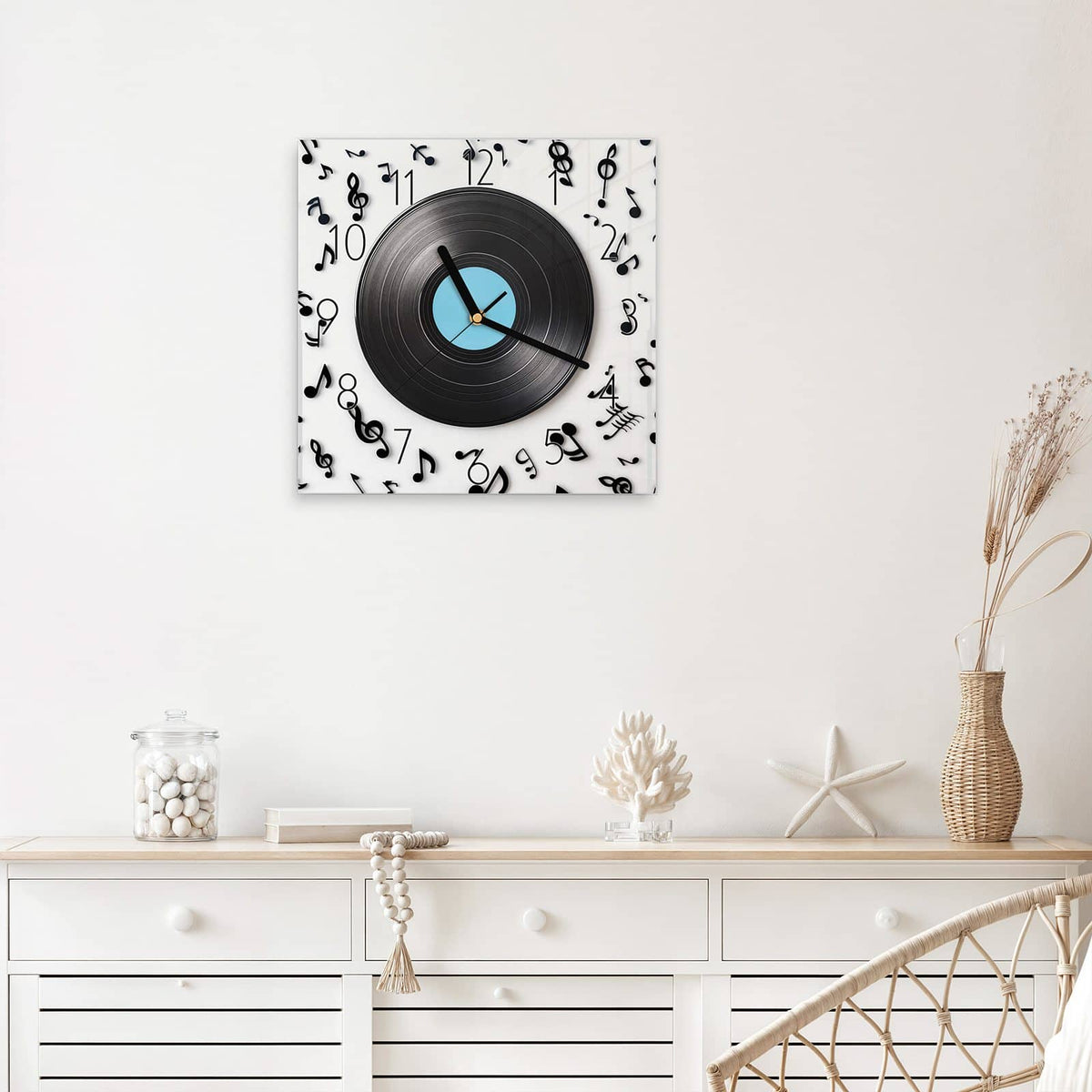 Wanduhr Schallplatte mit Noten aus Glas – Quadratisch 30 × 30 cm – Schallplatte umgeben von Musiknoten