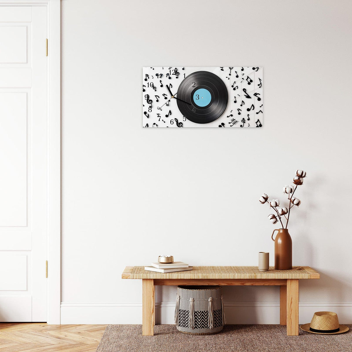Moderne Wanduhr aus Glas mit Farbtiefe – Wanduhr Schallplatte Musik aus Glas – Querformat 60 × 30 cm