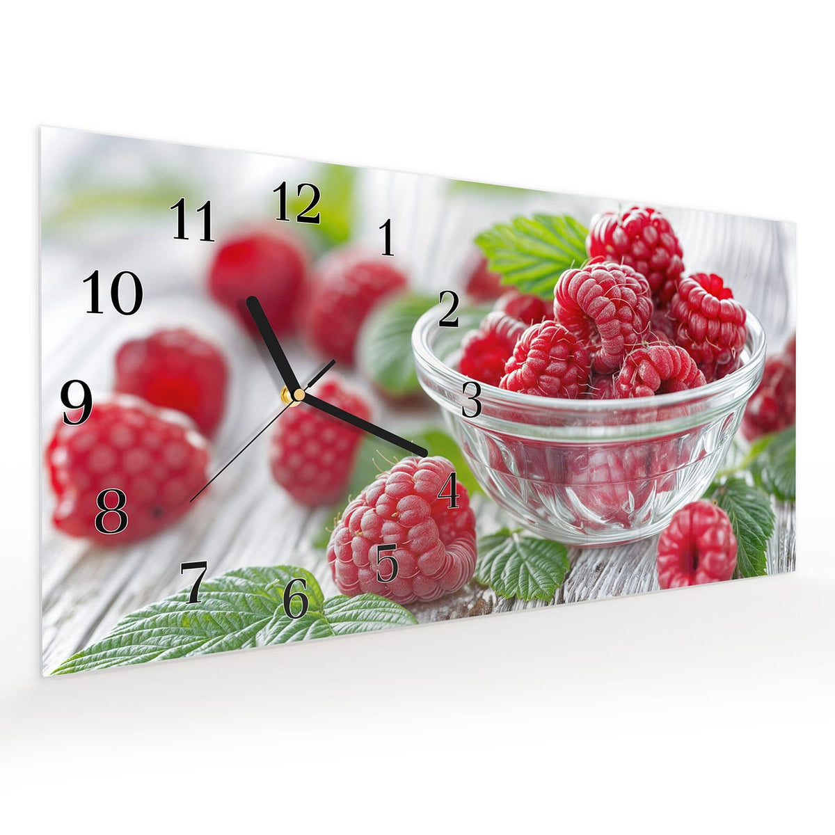 Vormontiert – mit Schwebeeffekt – Wanduhr Frische Himbeeren aus Glas – Querformat 60 × 30 cm