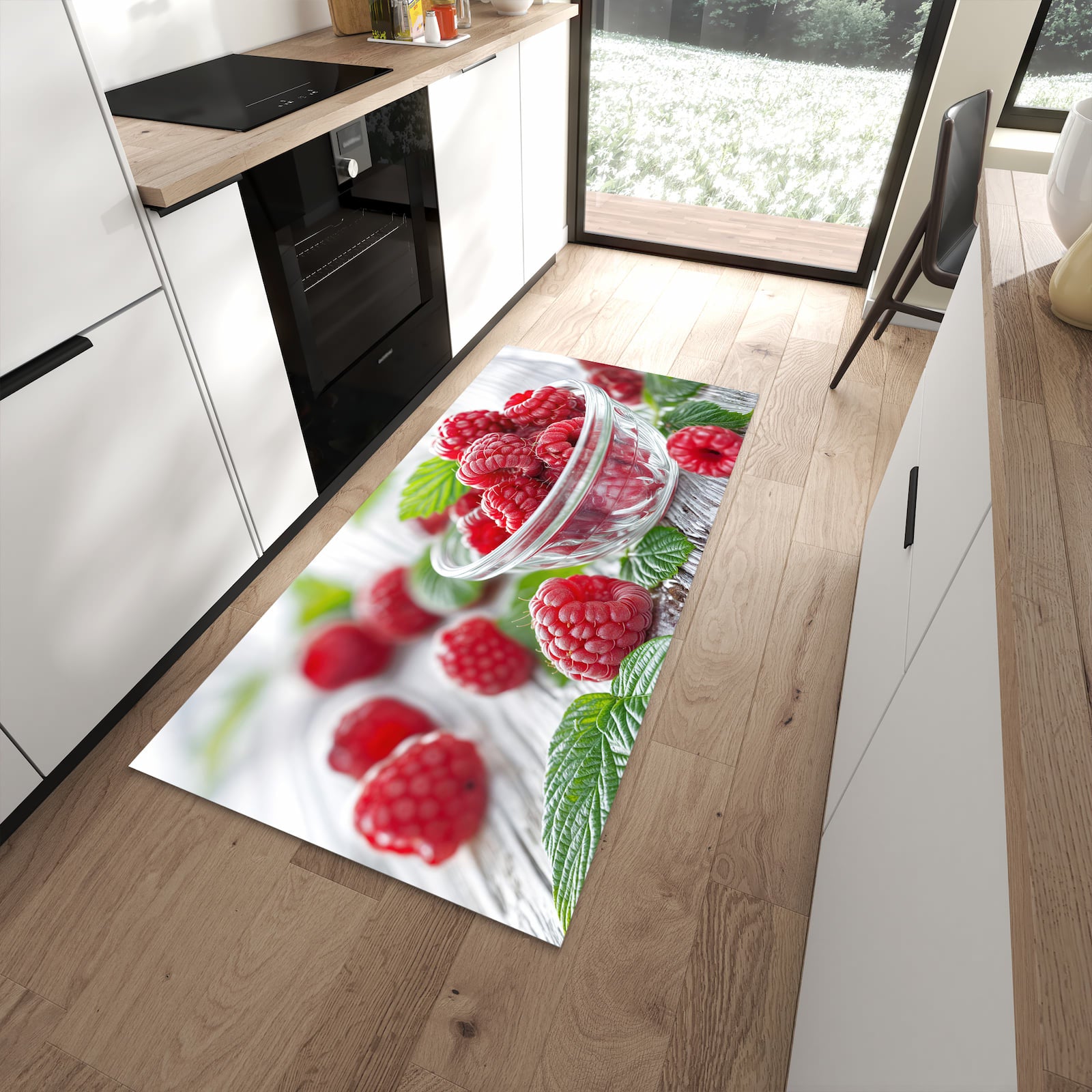 Bodenschonender Küchenläufer mit Motiv Frische Himbeeren in moderner Küche