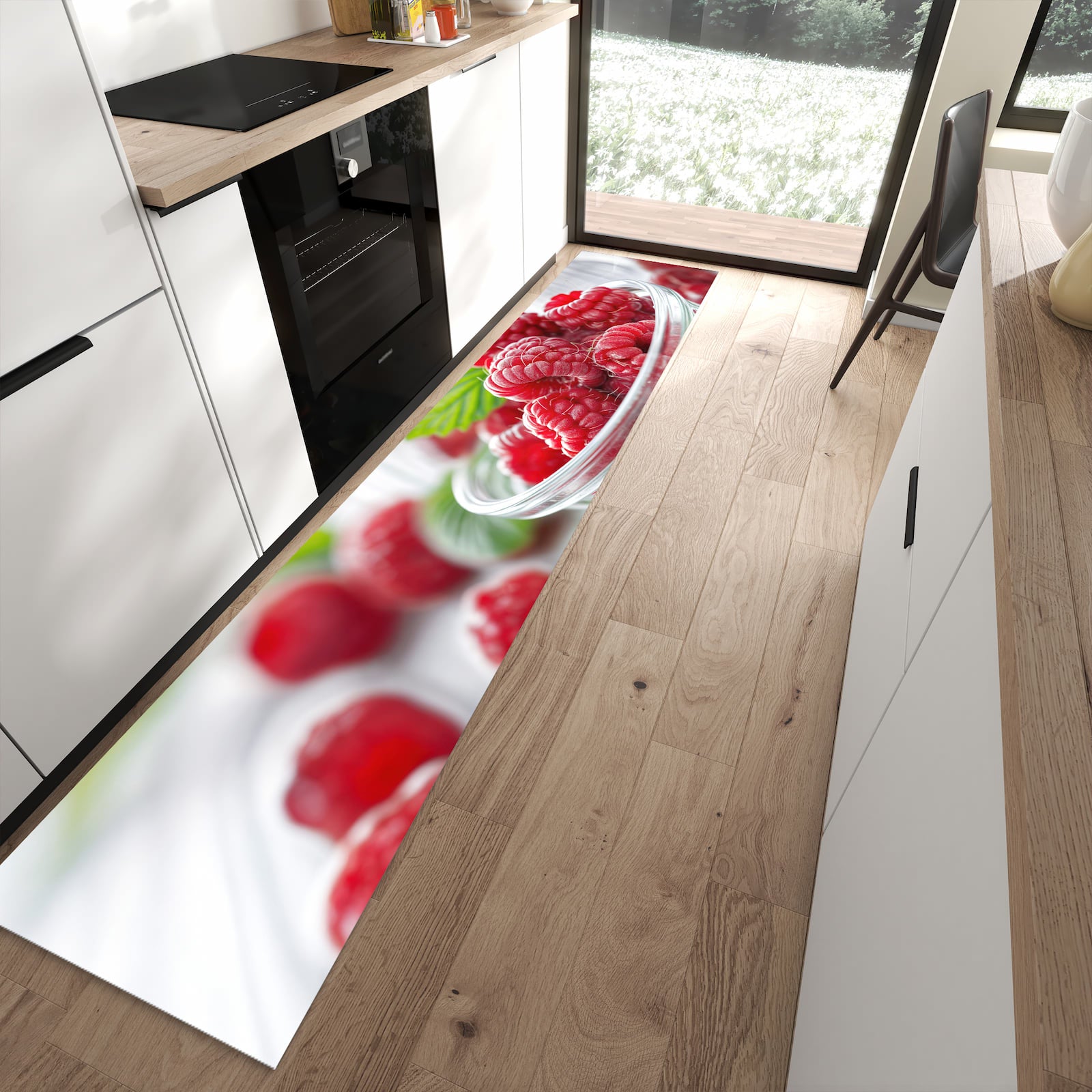 Waschbarer großer Küchenteppich mit Motiv Frische Himbeeren in moderner Küche