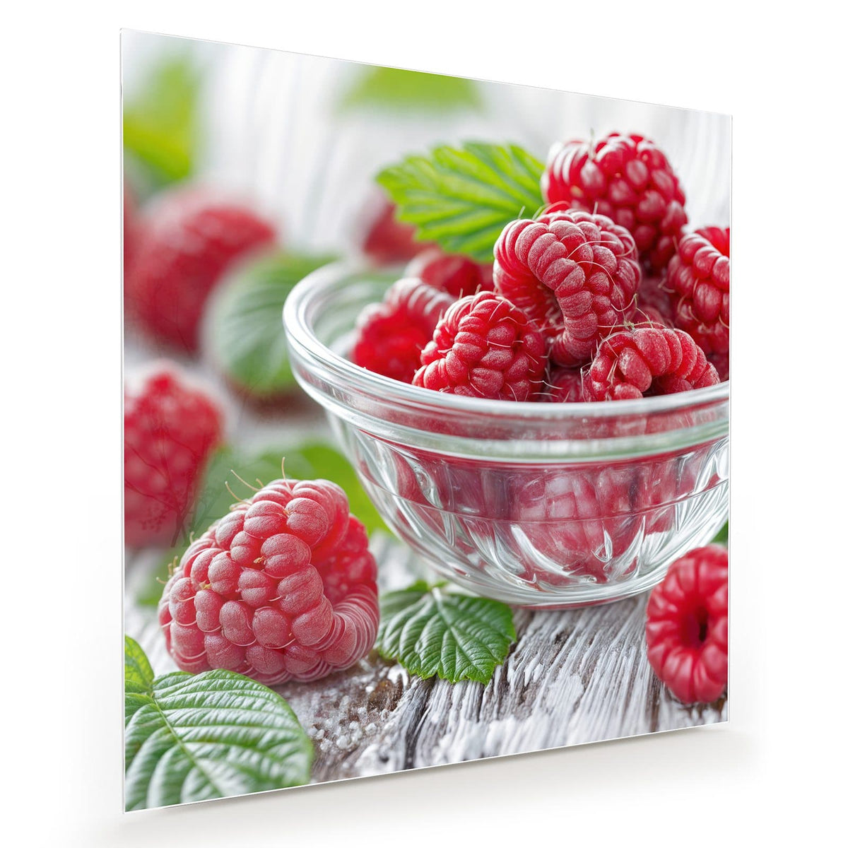 Himbeeren in einer Glasschale auf weiß verwittertem Holz, weitere Beeren und Blätter daneben