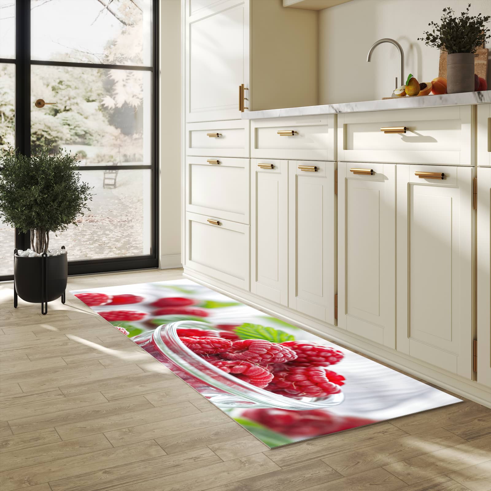 Hygienischer rutschfester Küchenteppich mit Motiv Frische Himbeeren in heller Küche