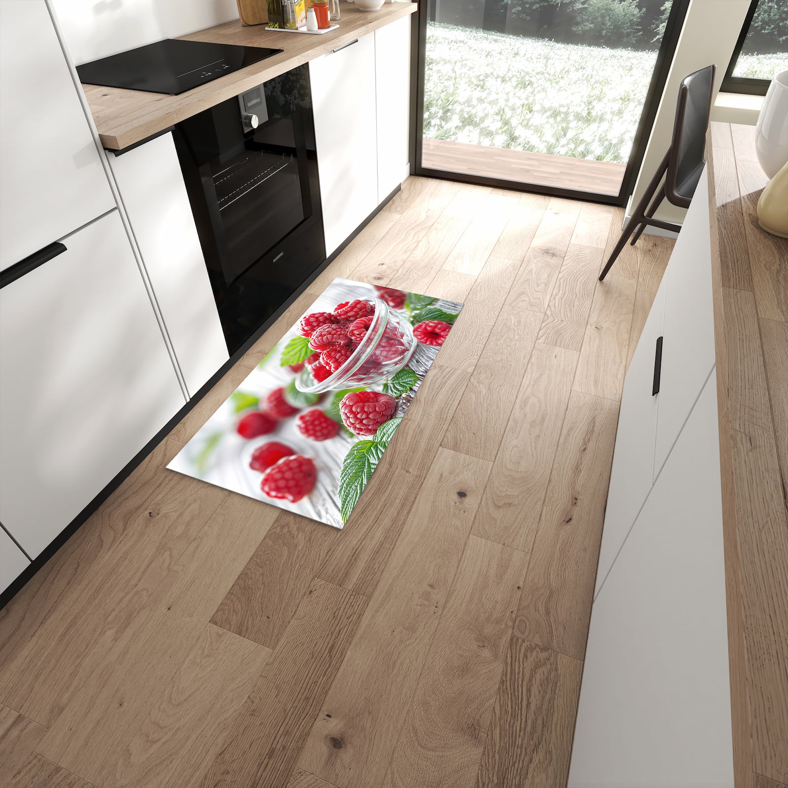 Rutschfester Küchenläufer mit Motiv Frische Himbeeren in moderner Küche #grösse_60 x 120 cm