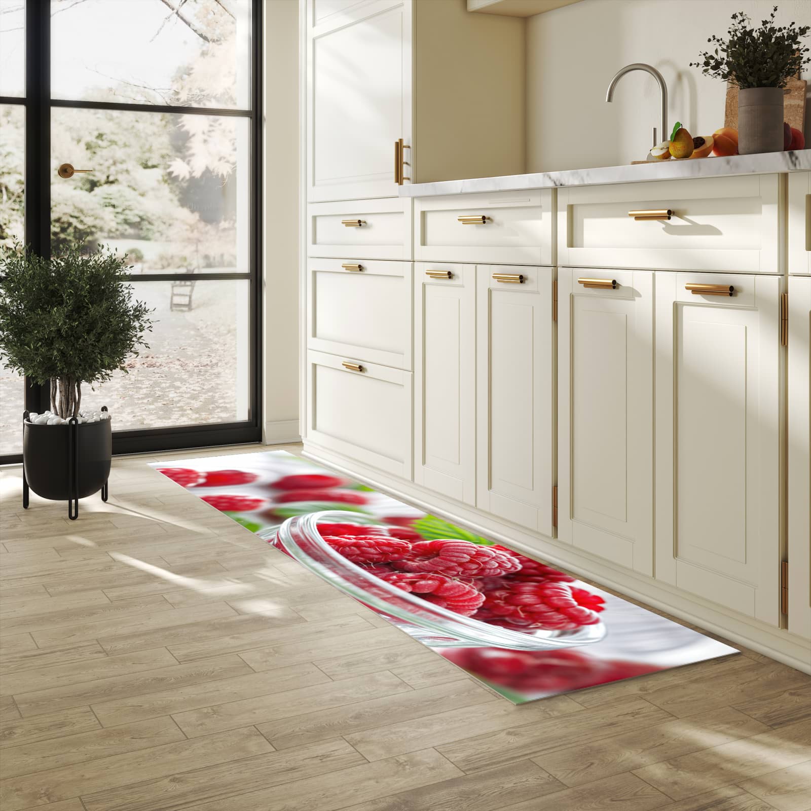 Komfortabler langer Teppich mit Motiv Frische Himbeeren in heller Küche