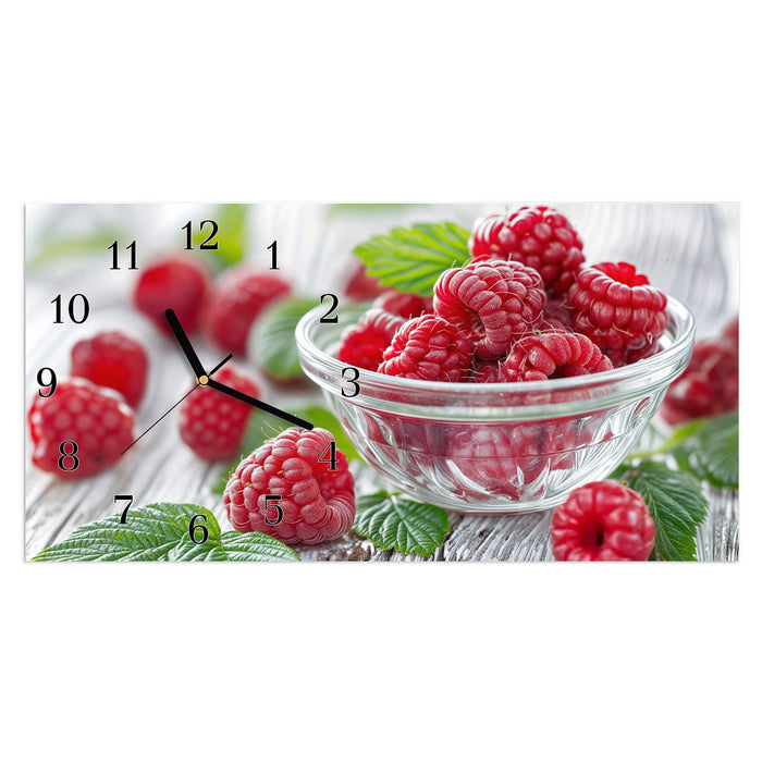 Wanduhr Frische Himbeeren aus Glas – Querformat 60 × 30 cm mit Ziffernblatt Klassisch