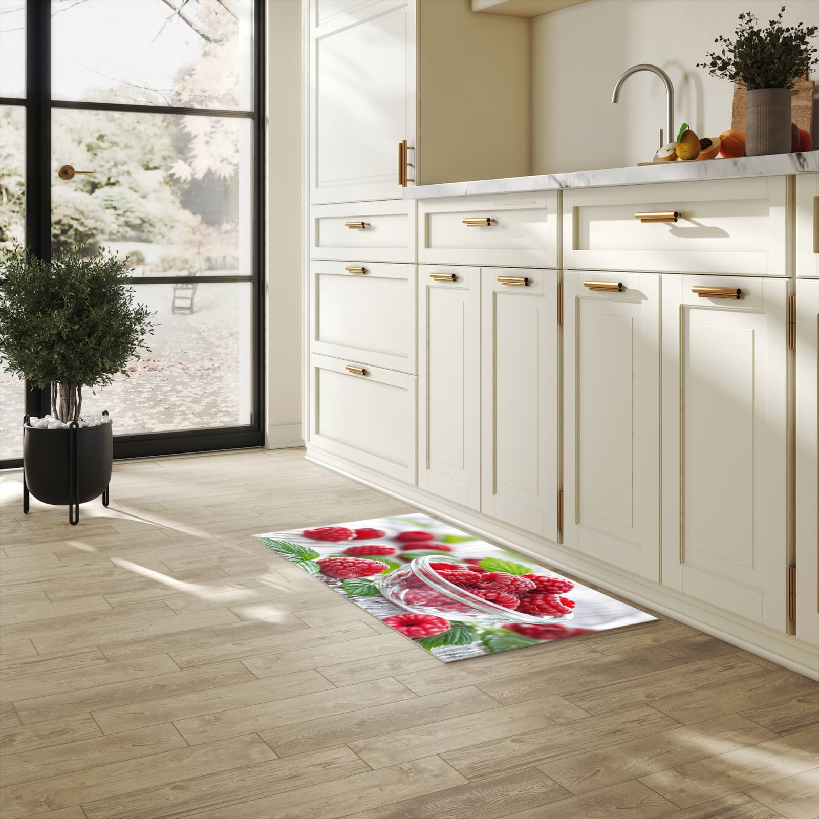 Geruchsneutraler Küchenläufer mit Motiv Frische Himbeeren in heller Küche