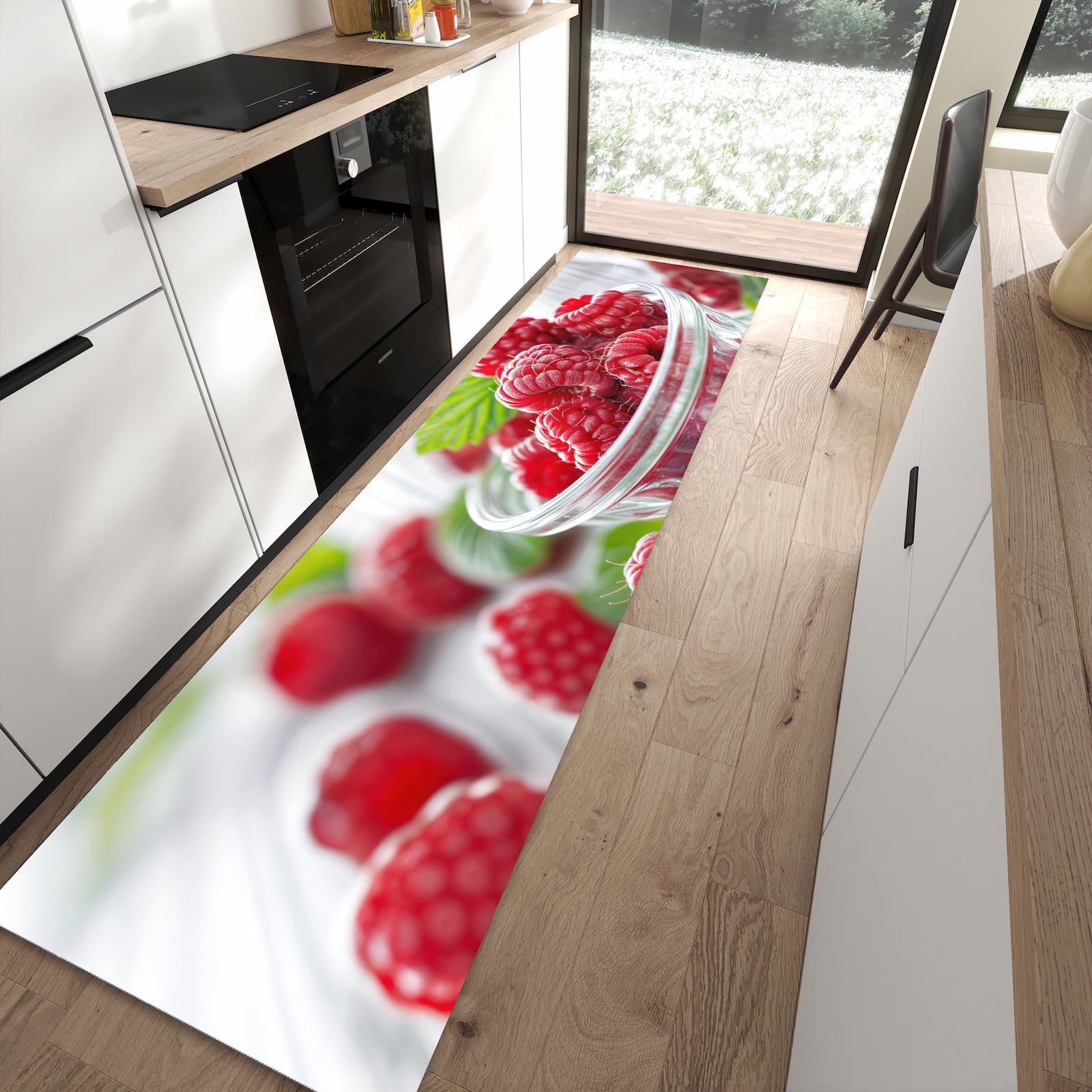 Waschbarer Küchenläufer mit Motiv Frische Himbeeren für Ordnung in moderner Küche
