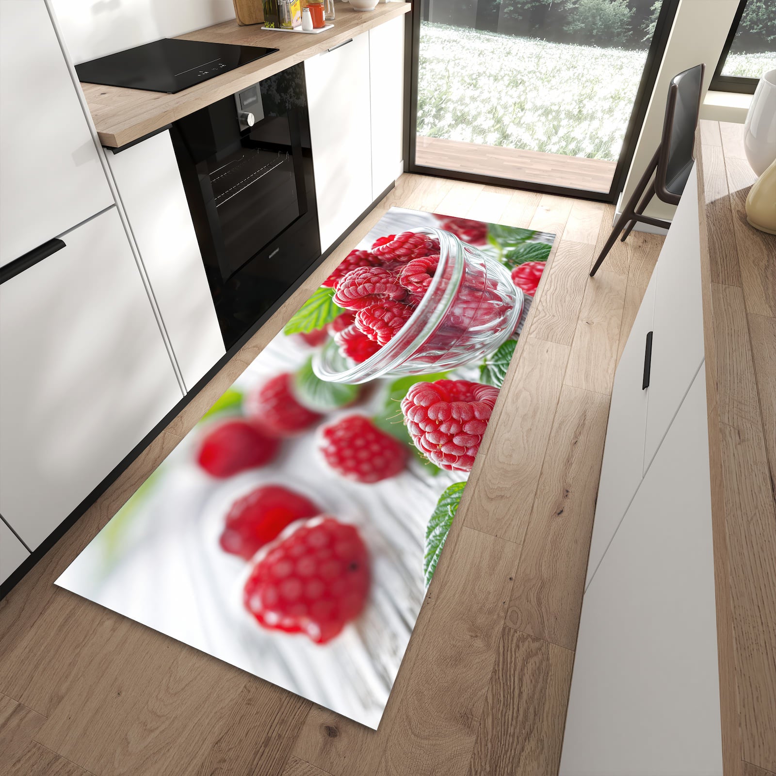 Farbbeständiger rutschfester Küchenläufer mit Motiv Frische Himbeeren in moderner Küche