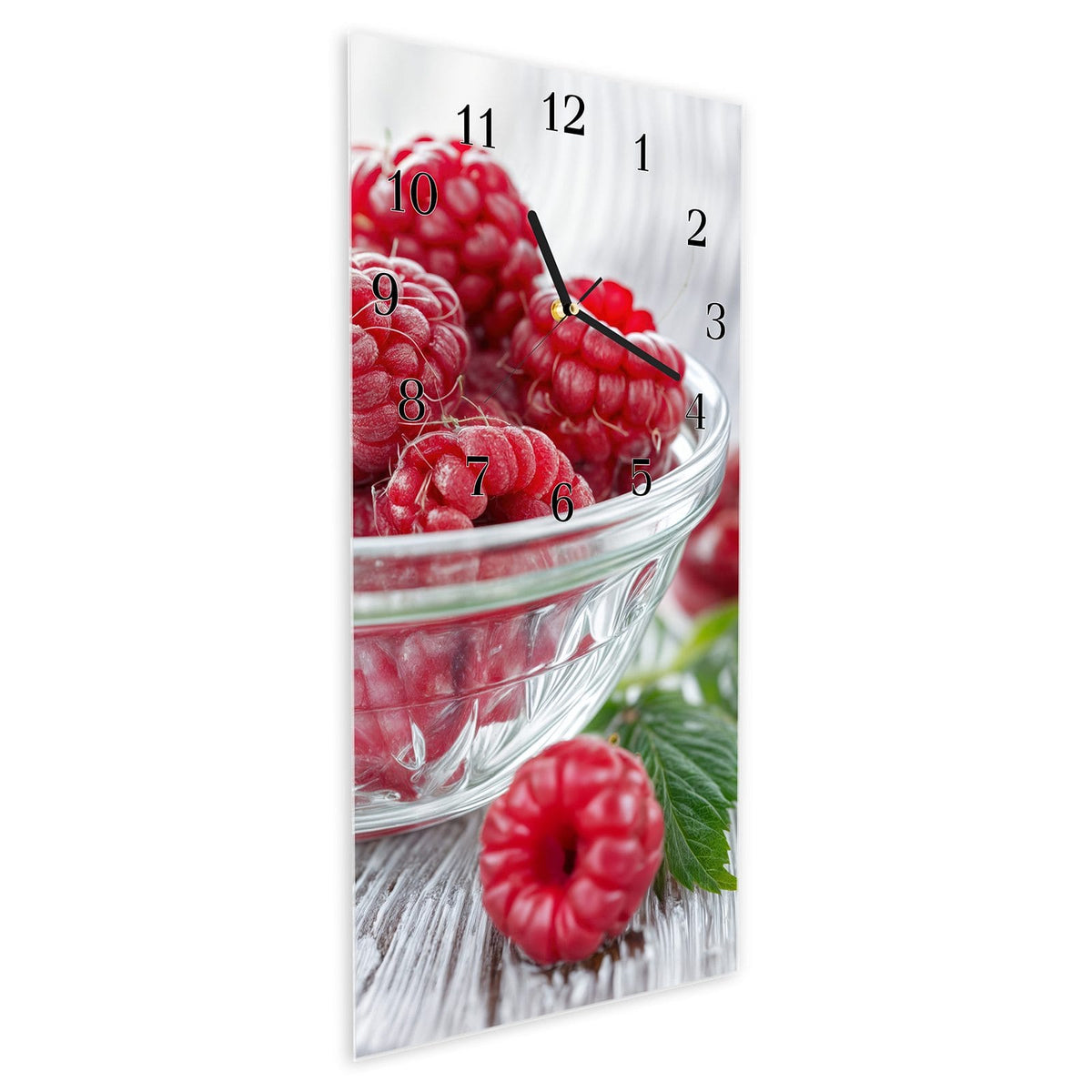 Vormontiert – mit Schwebeeffekt – Wanduhr Frische Himbeeren aus Glas – Hochformat 30 × 60 cm