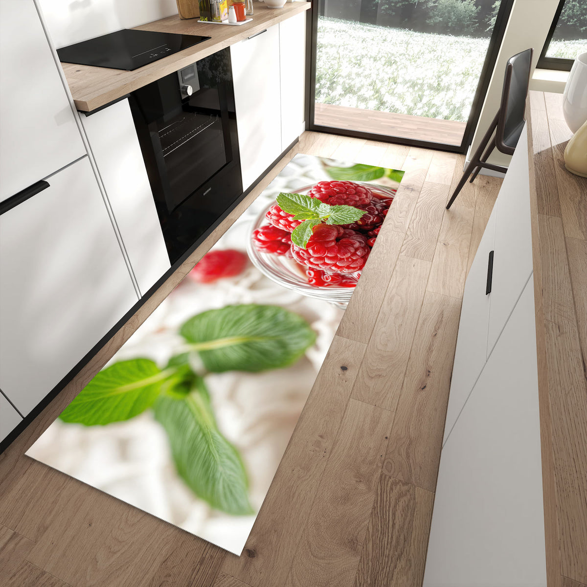 Geruchsneutraler rutschfester Küchenteppich mit Motiv Himbeerglas in moderner Küche