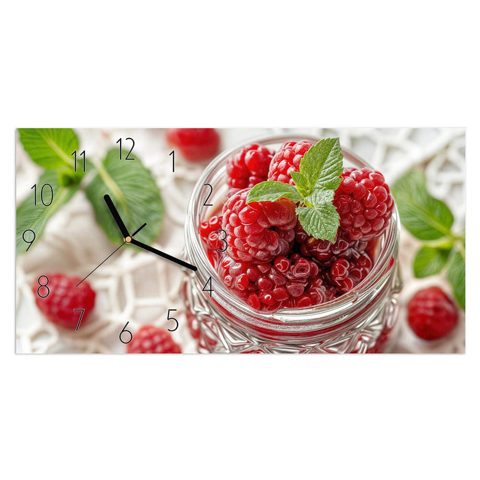 Wanduhr Glas mit Himbeeren aus Glas – Querformat 60 × 30 cm mit Ziffernblatt Elegant