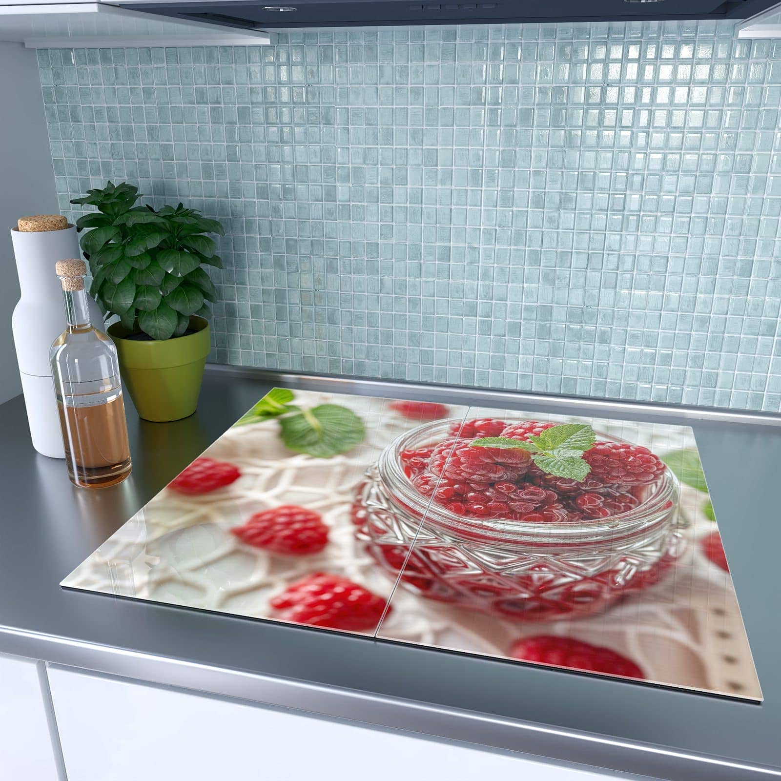 2-teilige Glasabdeckplatte für Ceranfeld mit Glas mit Himbeeren-Motiv auf dem Ceranfeld