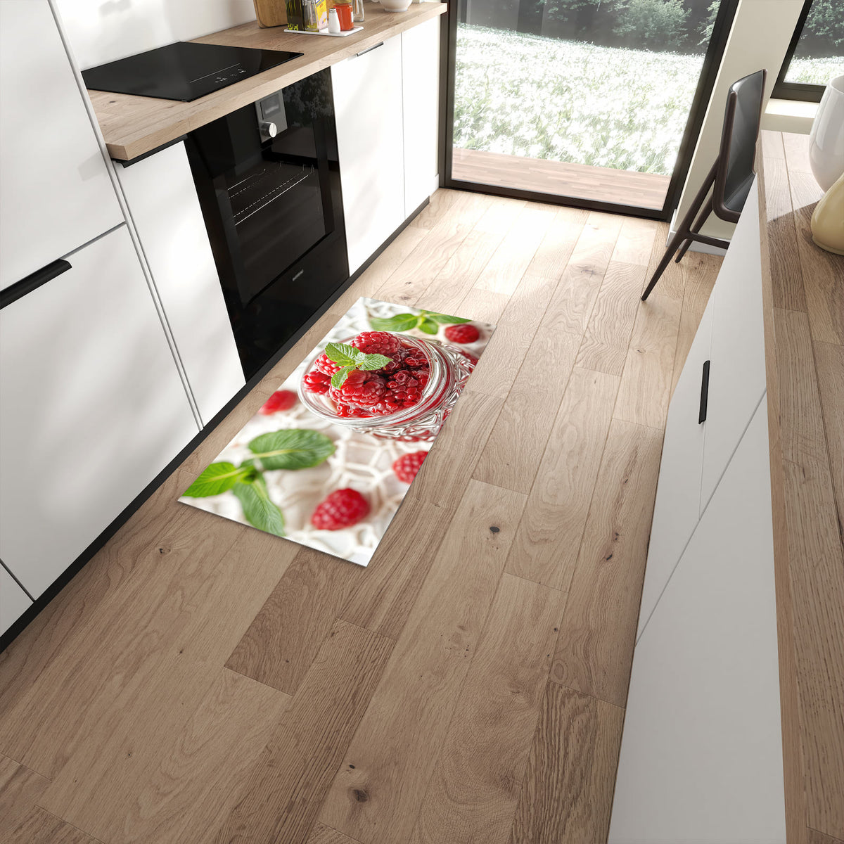 Zeitsparender langer Teppich mit Motiv Himbeerglas in moderner Küche #grösse_60 x 120 cm