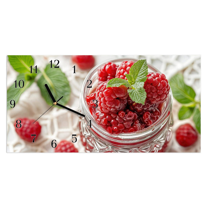 Wanduhr Glas mit Himbeeren aus Glas – Querformat 60 × 30 cm mit Ziffernblatt Klassisch
