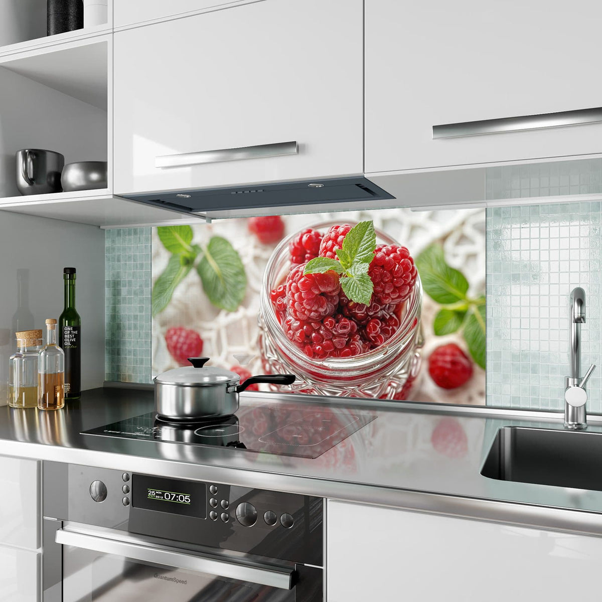 Küchenrückwand aus Glas Glas mit Himbeeren im Hochformat als Spritzschutz hinter dem Kochfeld, über dem Fliesenspiegel montiert