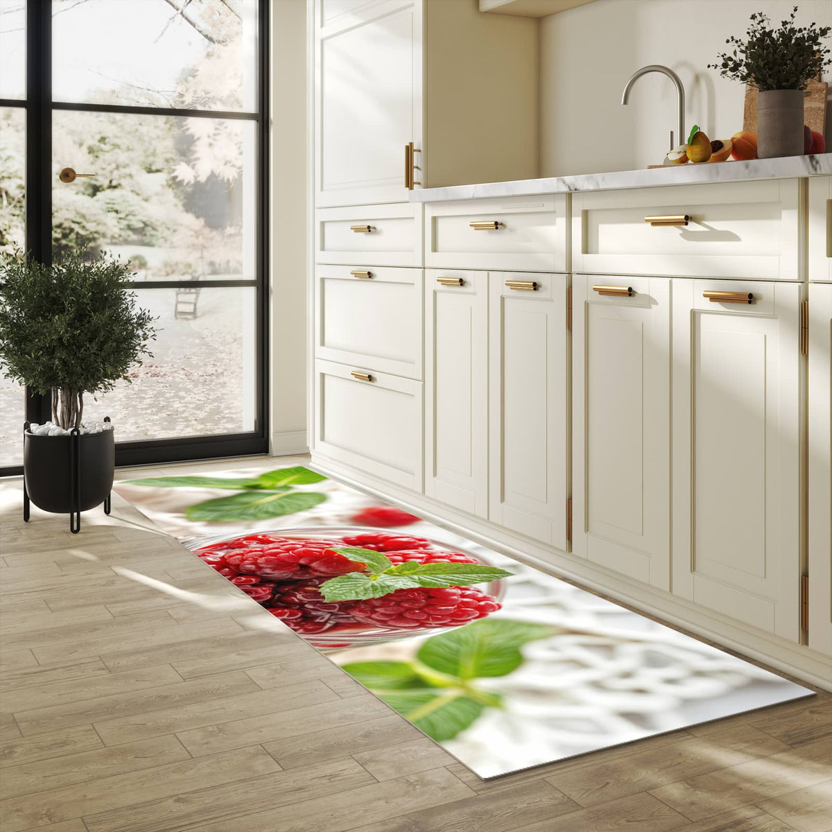 Küchenteppich mit Motiv Himbeerglas für Trittkomfort in heller Küche