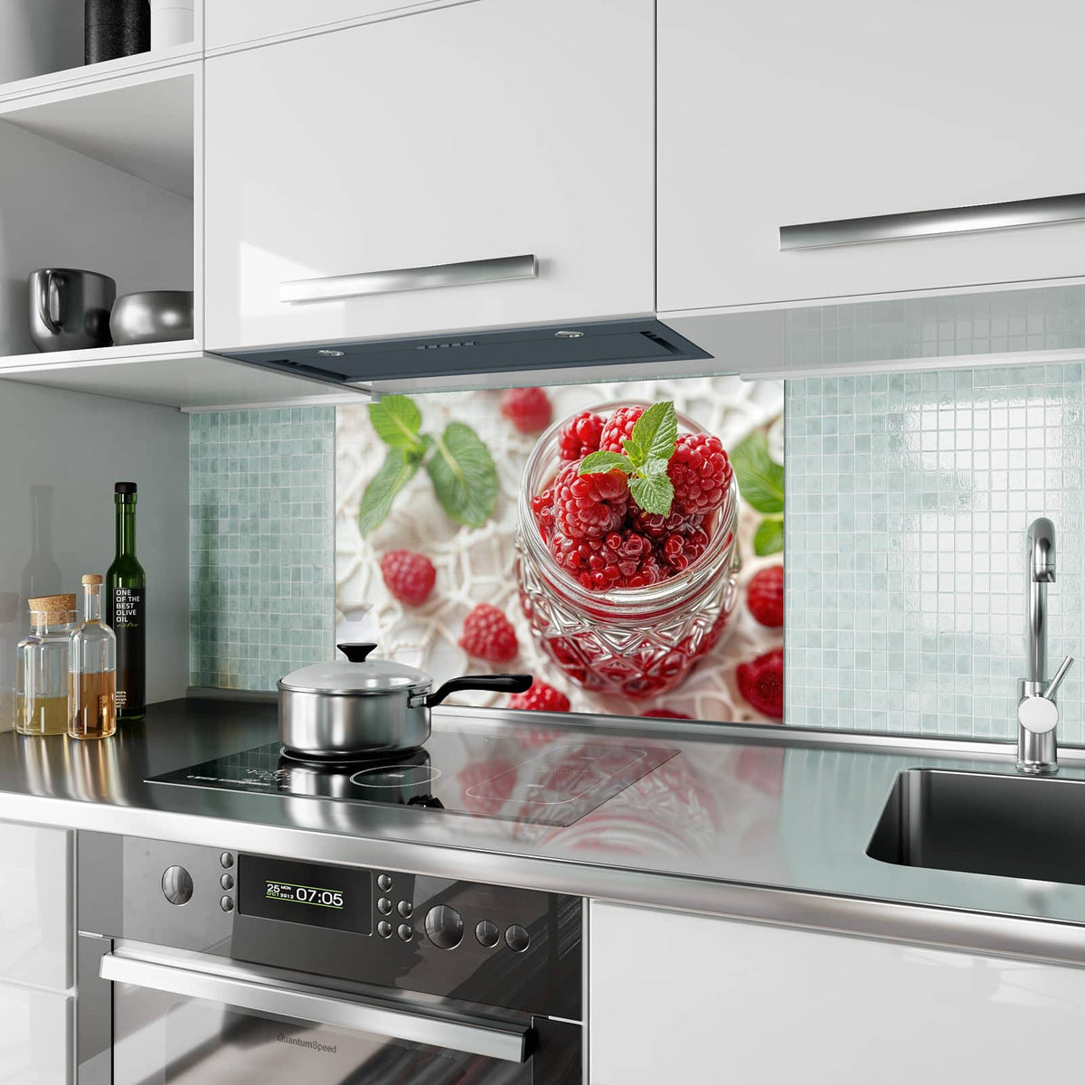 Küchenrückwand aus Glas Glas mit Himbeeren im Hochformat als Spritzschutz hinter dem Kochfeld, über dem Fliesenspiegel montiert