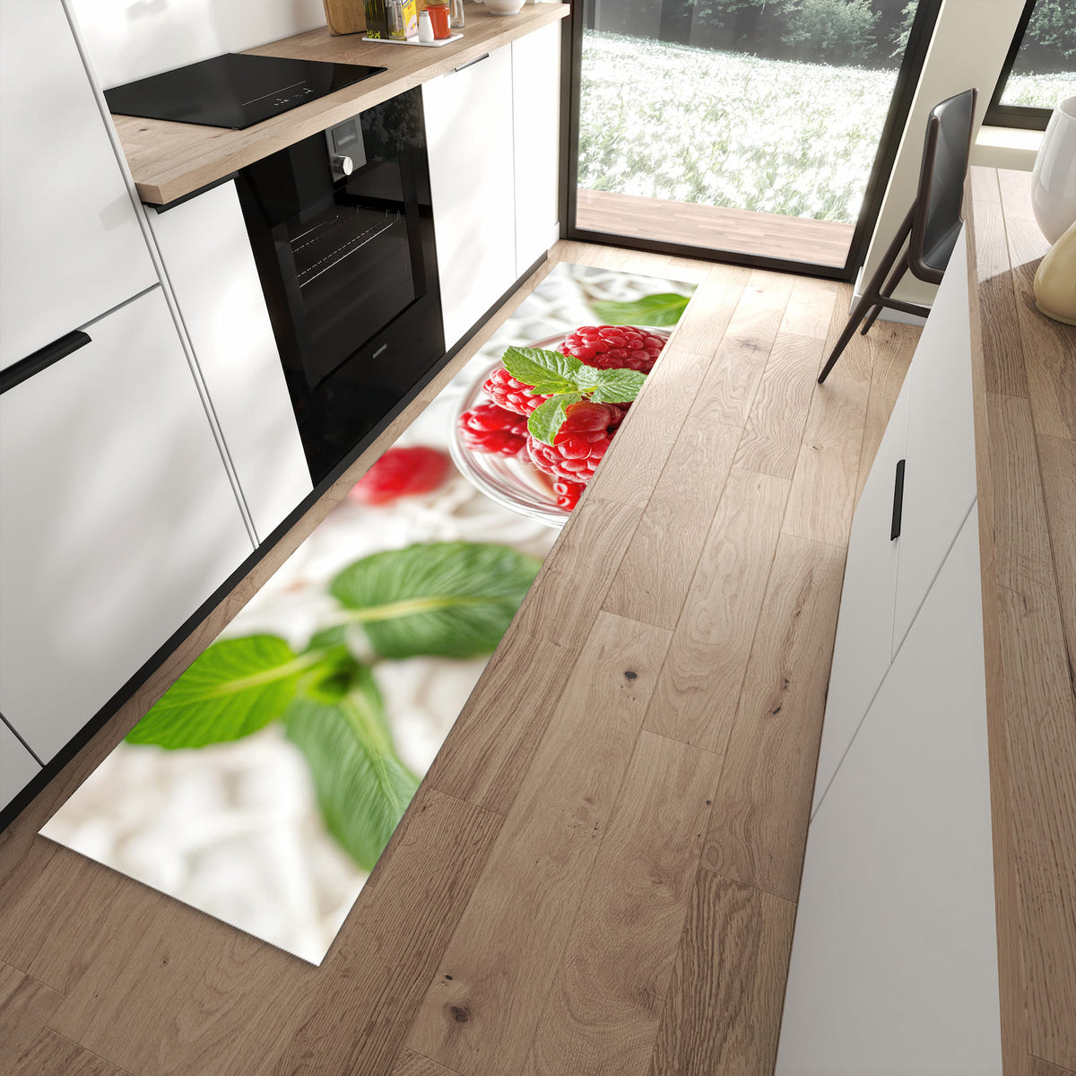 Rutschfester Küchenteppich mit Motiv Himbeerglas für Trittkomfort in moderner Küche