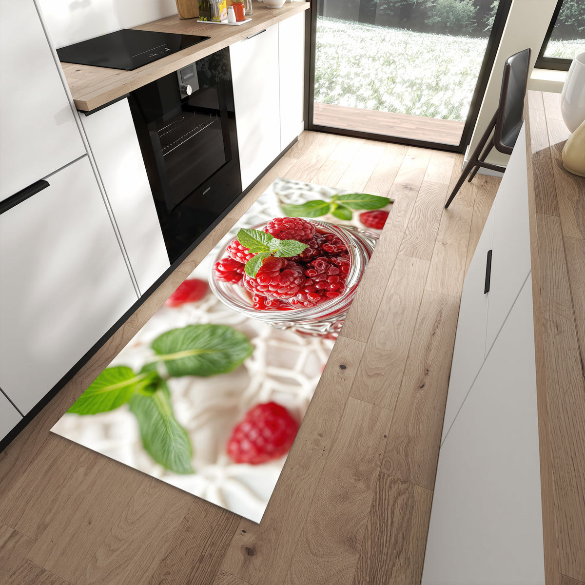Schmutzabweisender Teppich für Esstisch mit Motiv Himbeerglas in moderner Küche