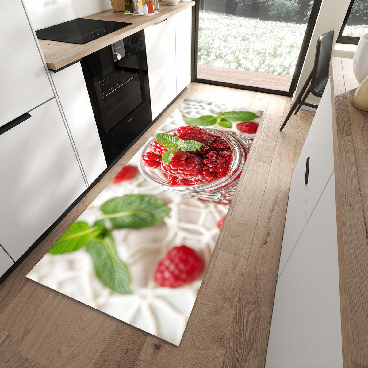 Komfortabler waschbarer Küchenteppich mit Motiv Himbeerglas in moderner Küche
