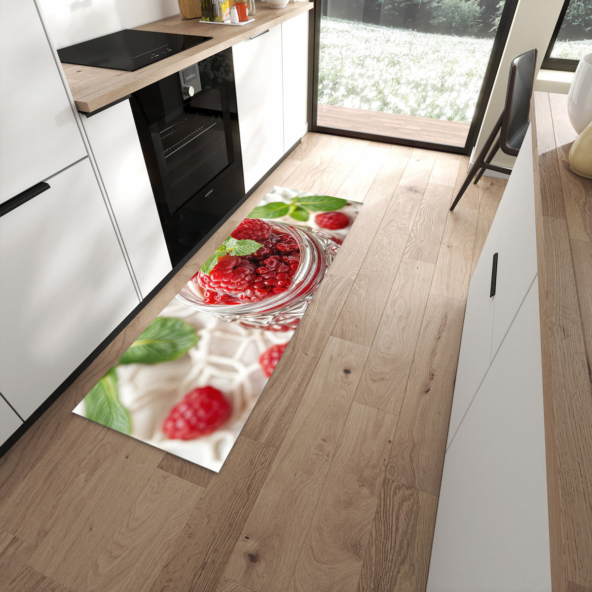 Abriebfester rutschfester Läufer mit Motiv Himbeerglas in moderner Küche