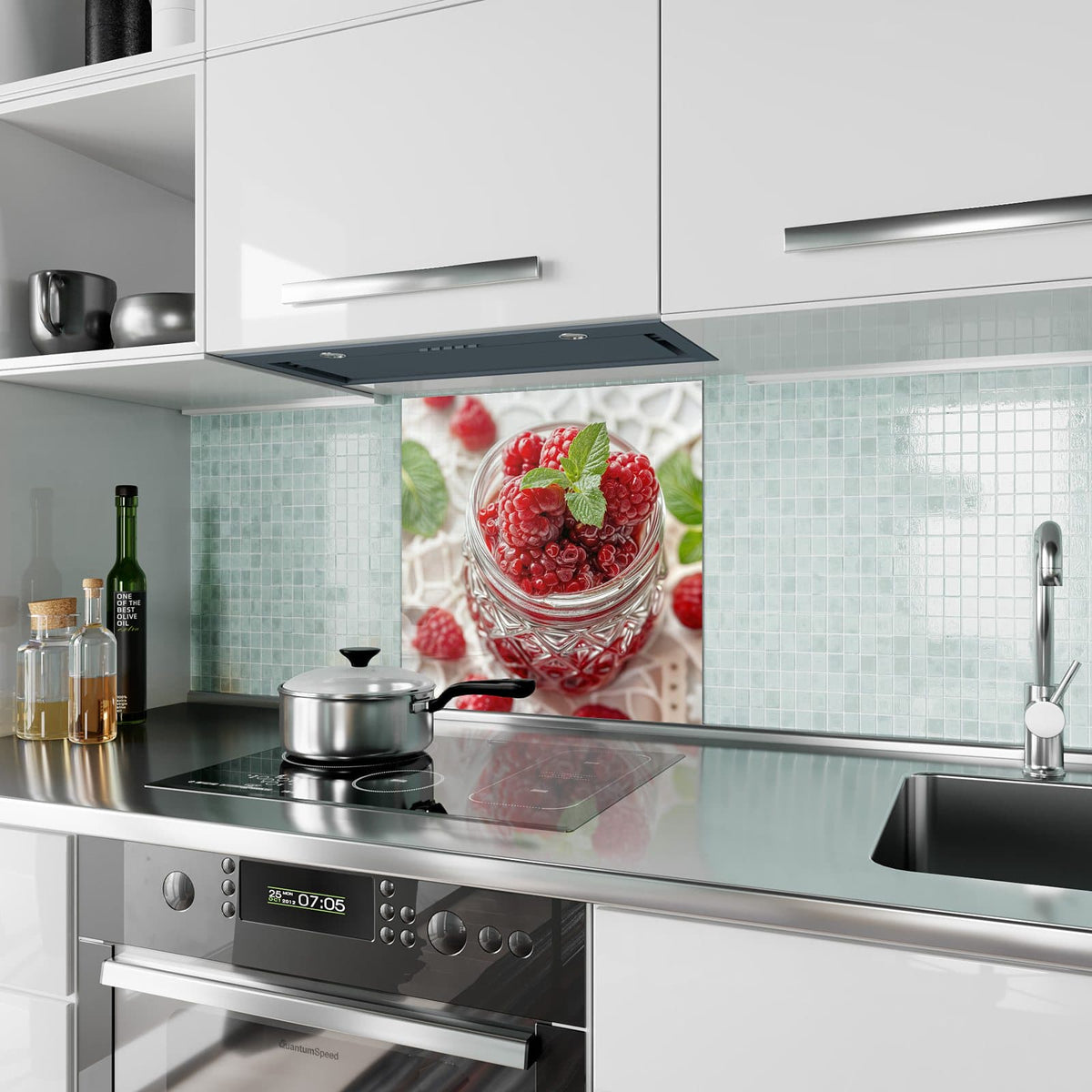 Küchenrückwand aus Glas Glas mit Himbeeren im quadratischen Format als Spritzschutz hinter dem Kochfeld, über dem Fliesenspiegel montiert