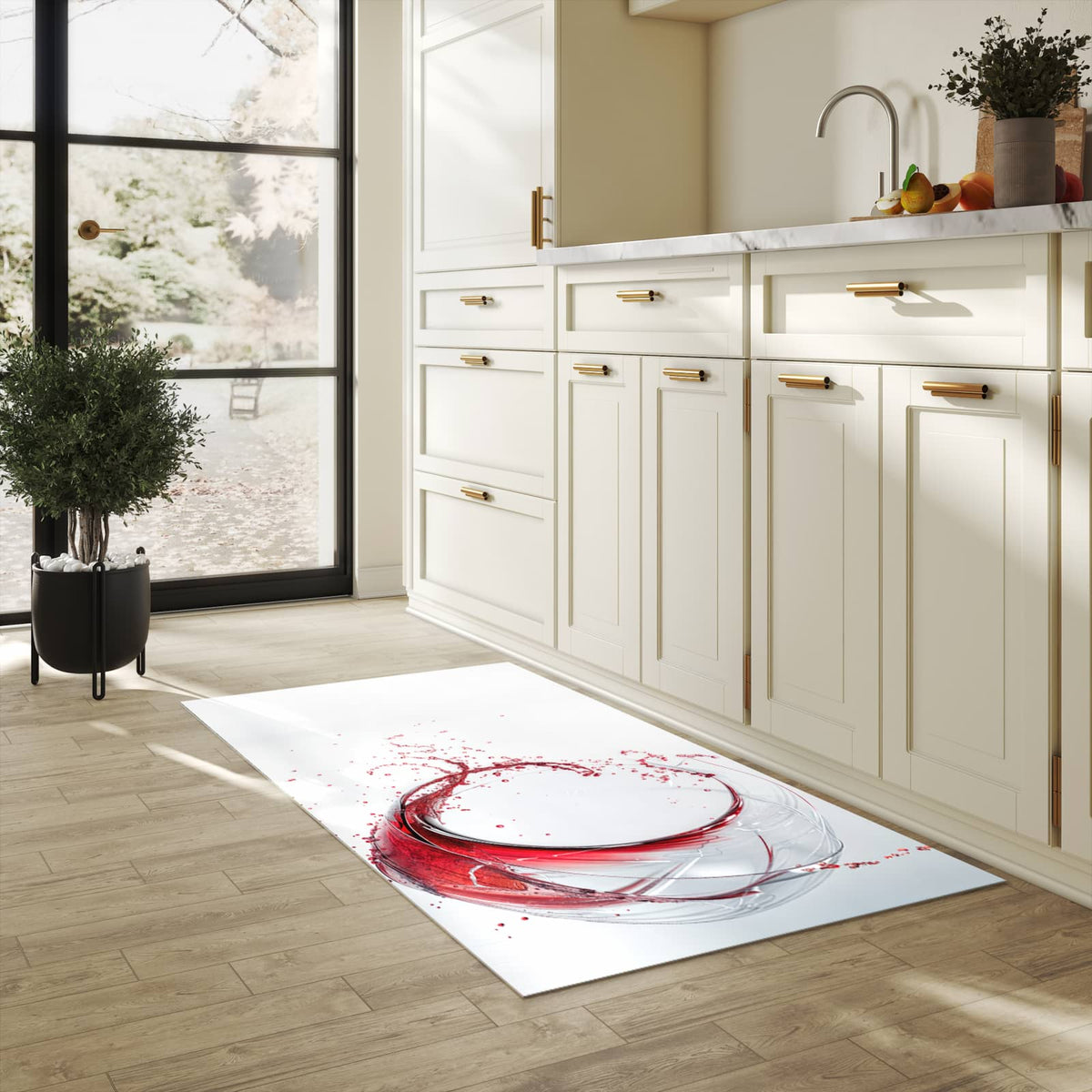 Komfortabler abwaschbarer Küchenteppich mit Motiv Rotwein Spritzer in heller Küche