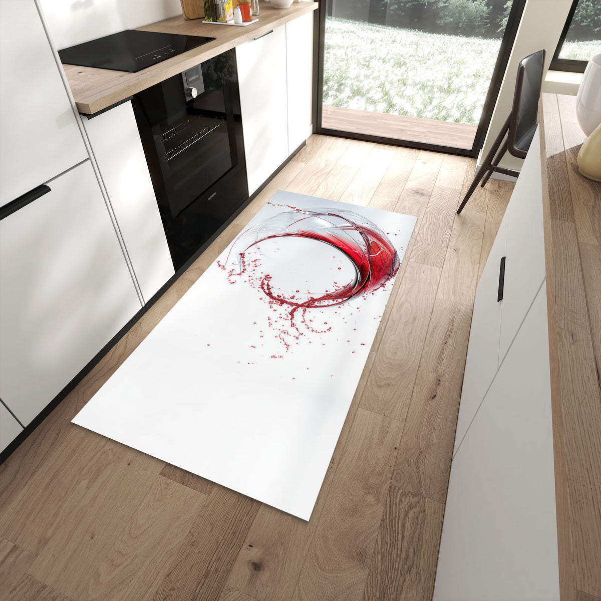 Formstabiler waschbarer Läufer für die Küche mit Motiv Rotwein Spritzer in moderner Küche