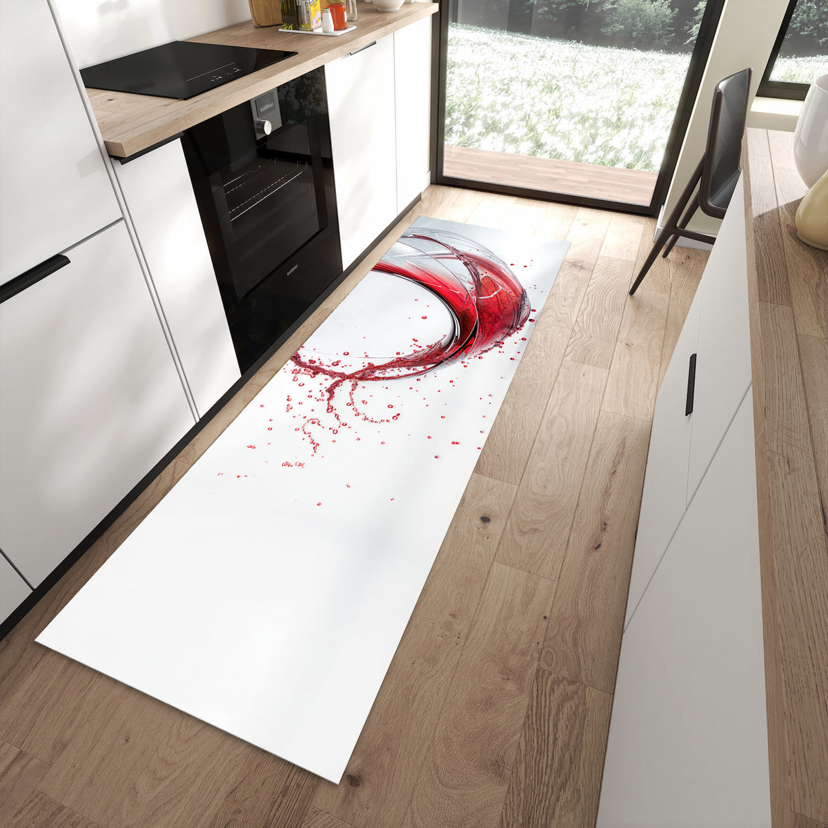 Ordnungsschaffender Küchenläufer mit Motiv Rotwein Spritzer in moderner Küche