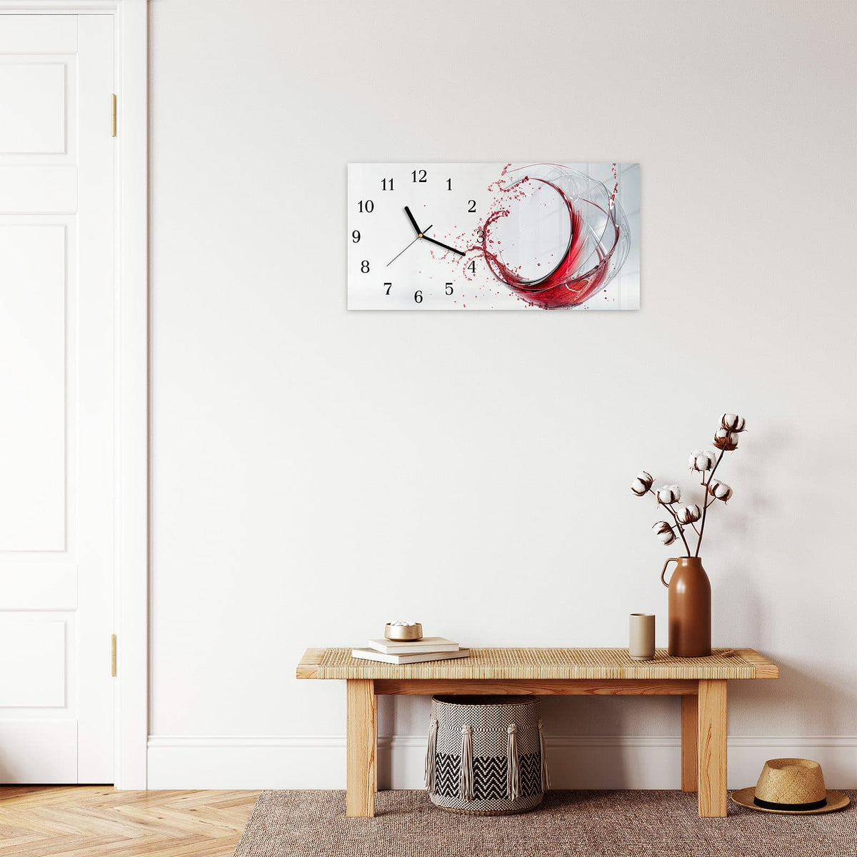 Moderne Wanduhr aus Glas mit Farbtiefe – Wanduhr Rotwein Spritzer aus Glas – Querformat 60 × 30 cm
