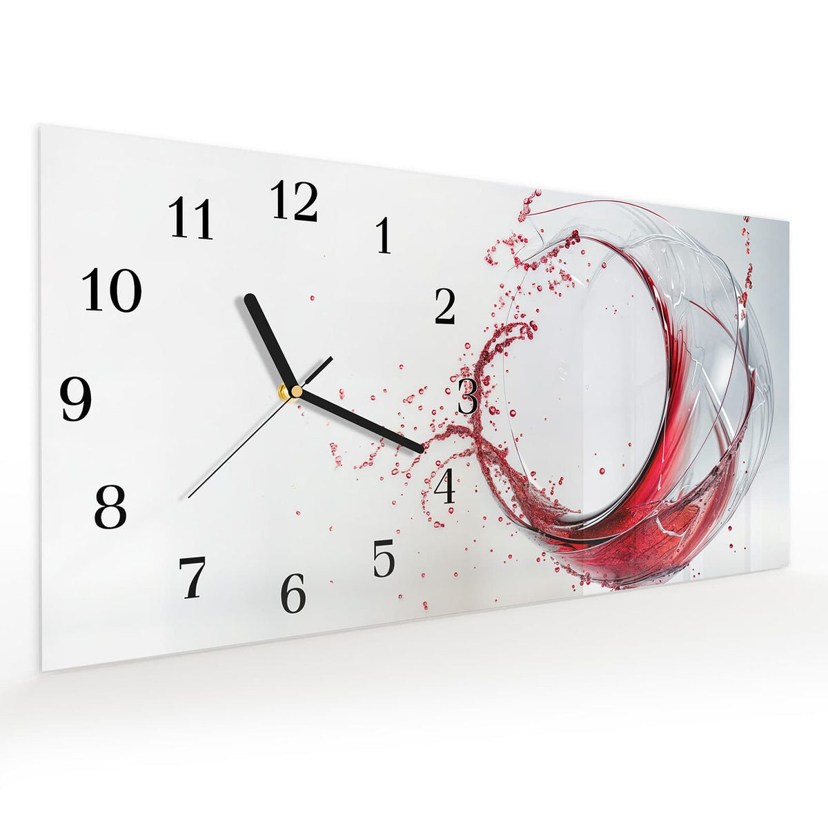 Vormontiert – mit Schwebeeffekt – Wanduhr Rotwein Spritzer aus Glas – Querformat 60 × 30 cm