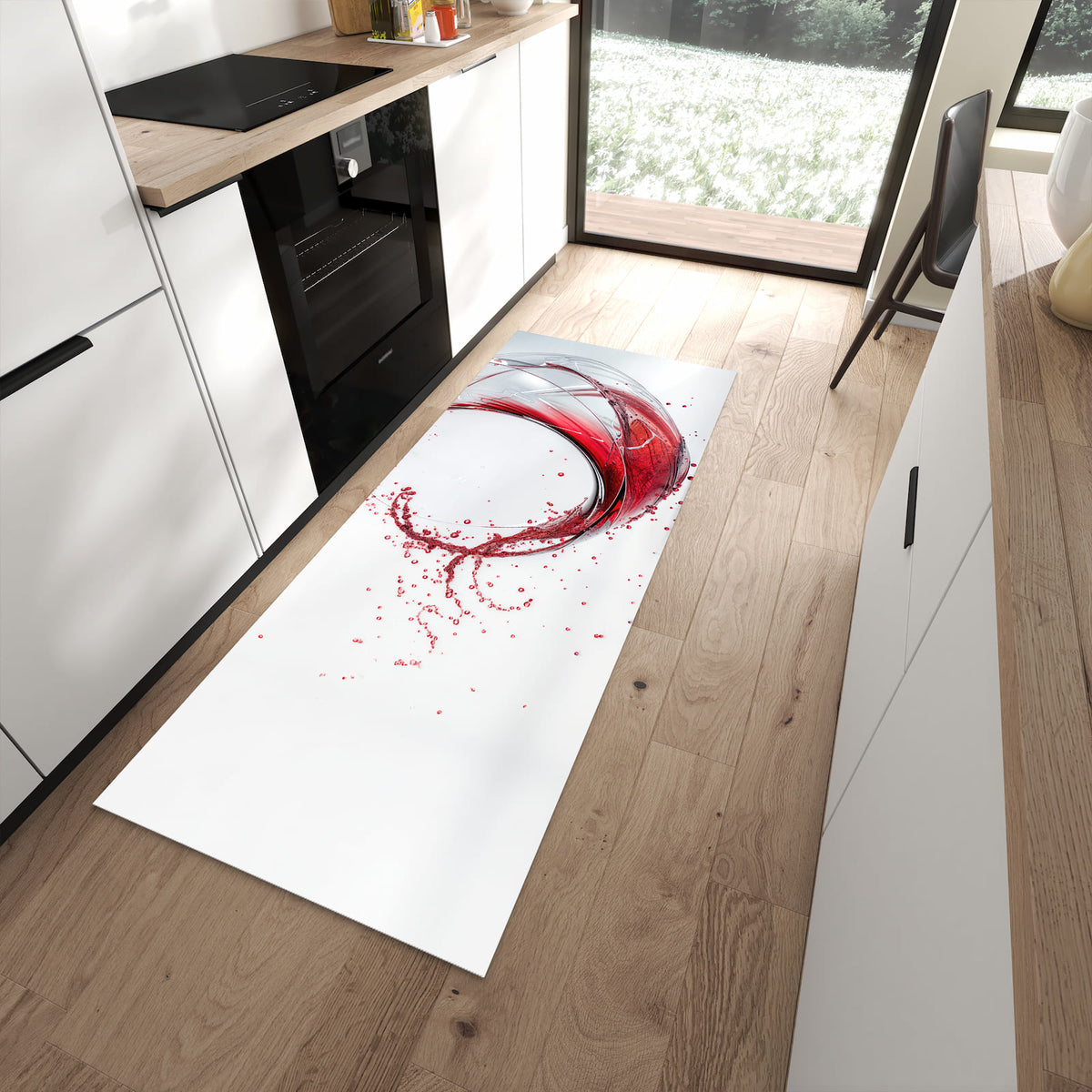 Bodenschonender Küchenteppich mit Motiv Rotwein Spritzer in moderner Küche