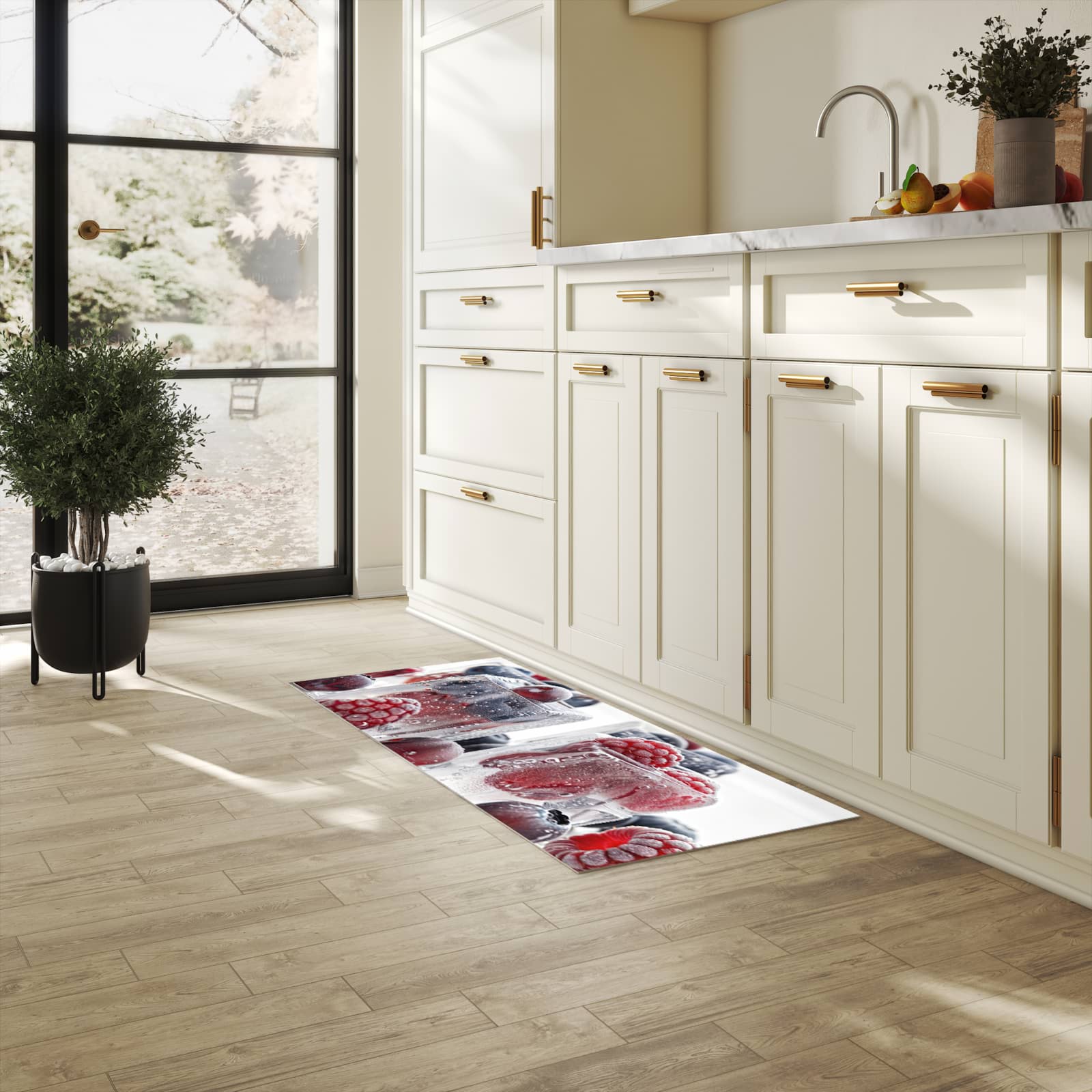 Strapazierfähiger Küchenteppich mit Motiv Gefrorene Beeren in heller Küche