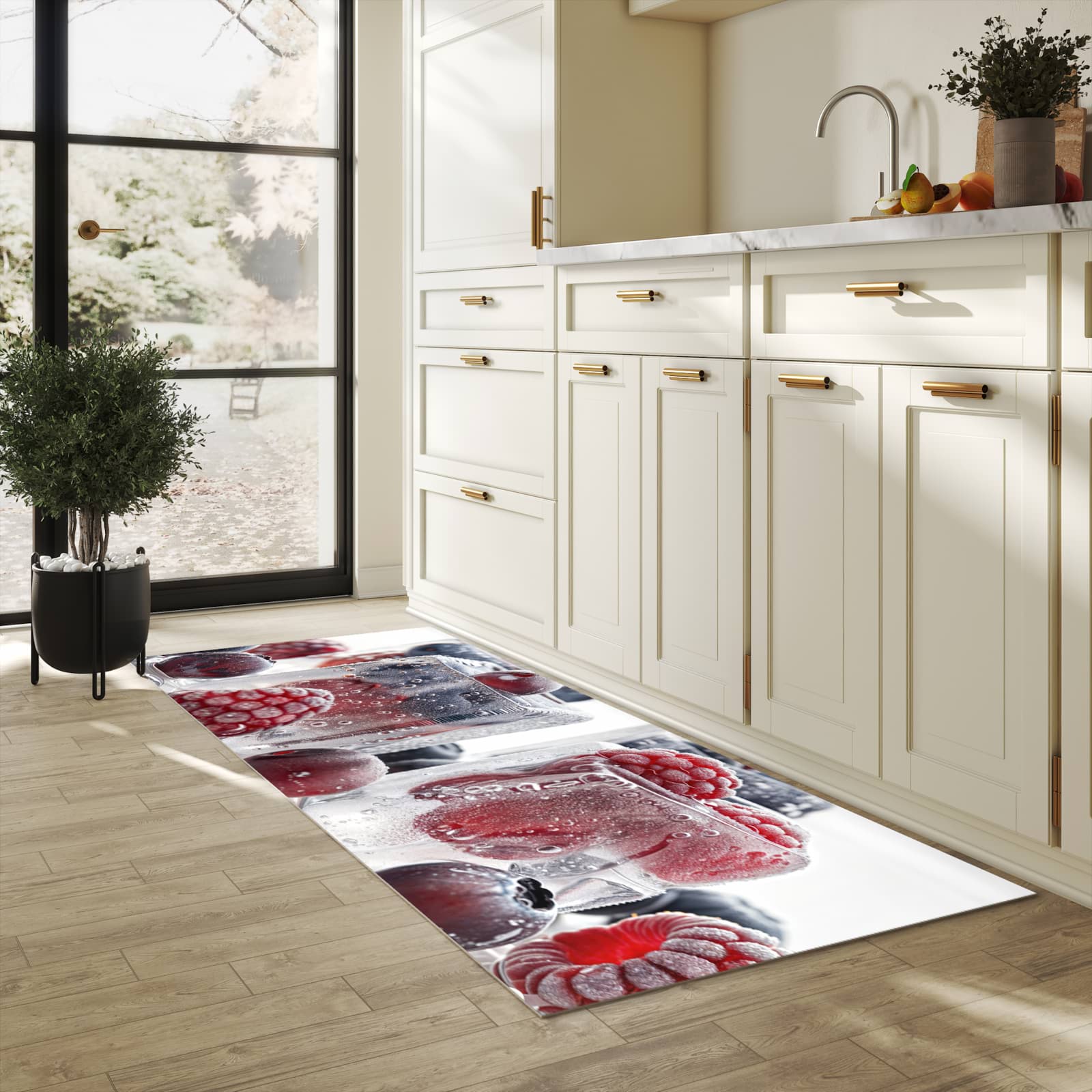 Zeitsparender Küchenläufer mit Motiv Gefrorene Beeren in heller Küche