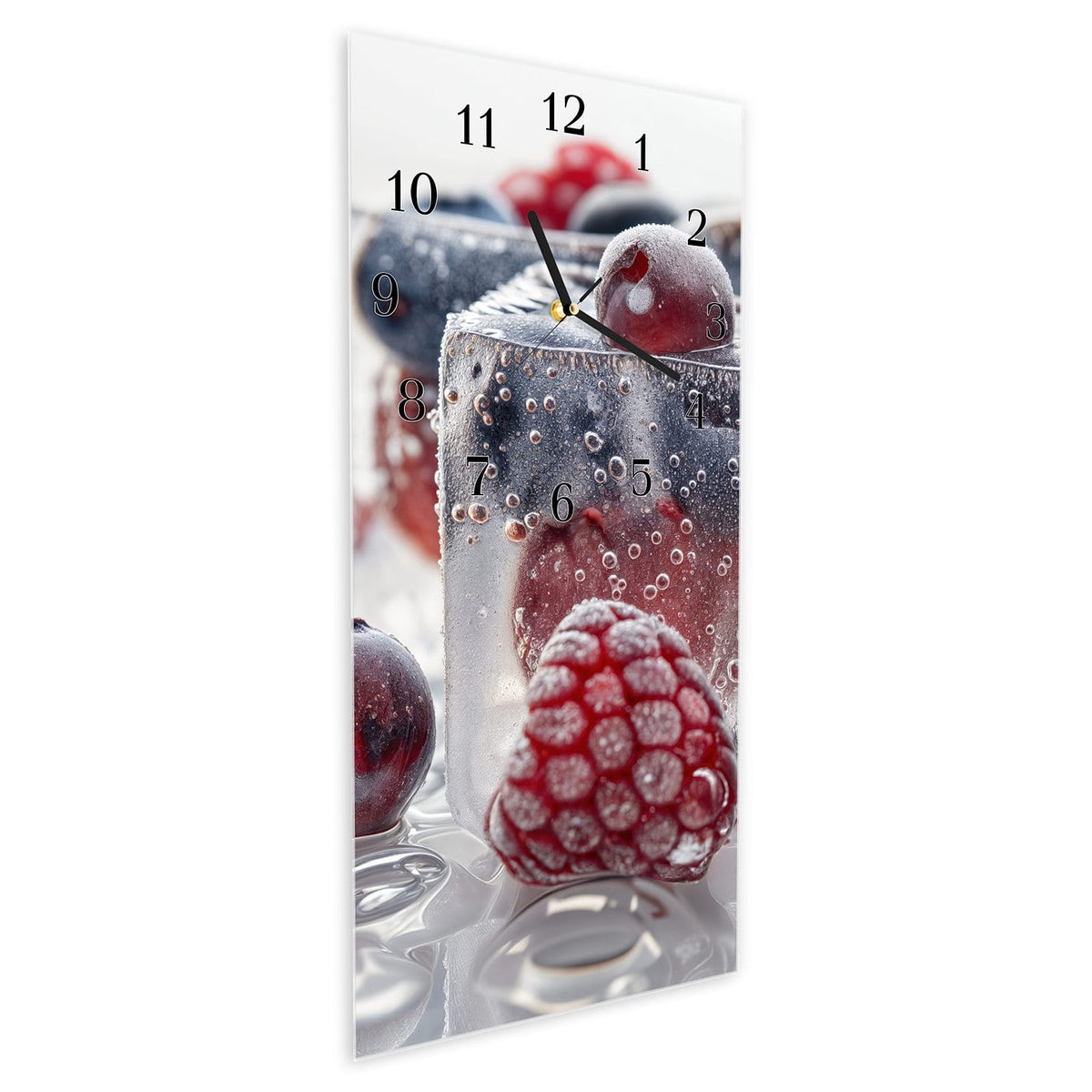 Vormontiert – mit Schwebeeffekt – Wanduhr Gefrorene Beeren aus Glas – Hochformat 30 × 60 cm