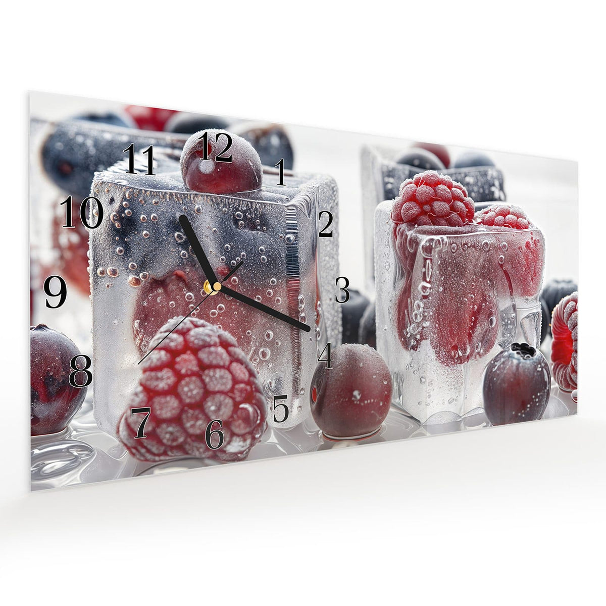 Vormontiert – mit Schwebeeffekt – Wanduhr Gefrorene Beeren aus Glas – Querformat 60 × 30 cm