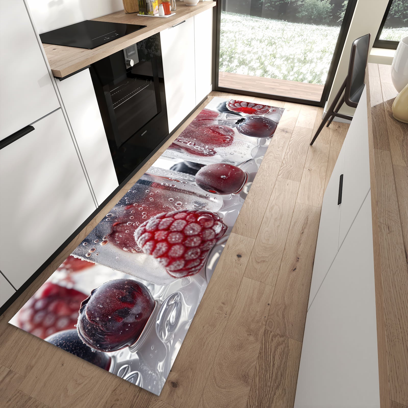 Pflegeleichter Teppich für Küche mit Motiv Gefrorene Beeren in moderner Küche