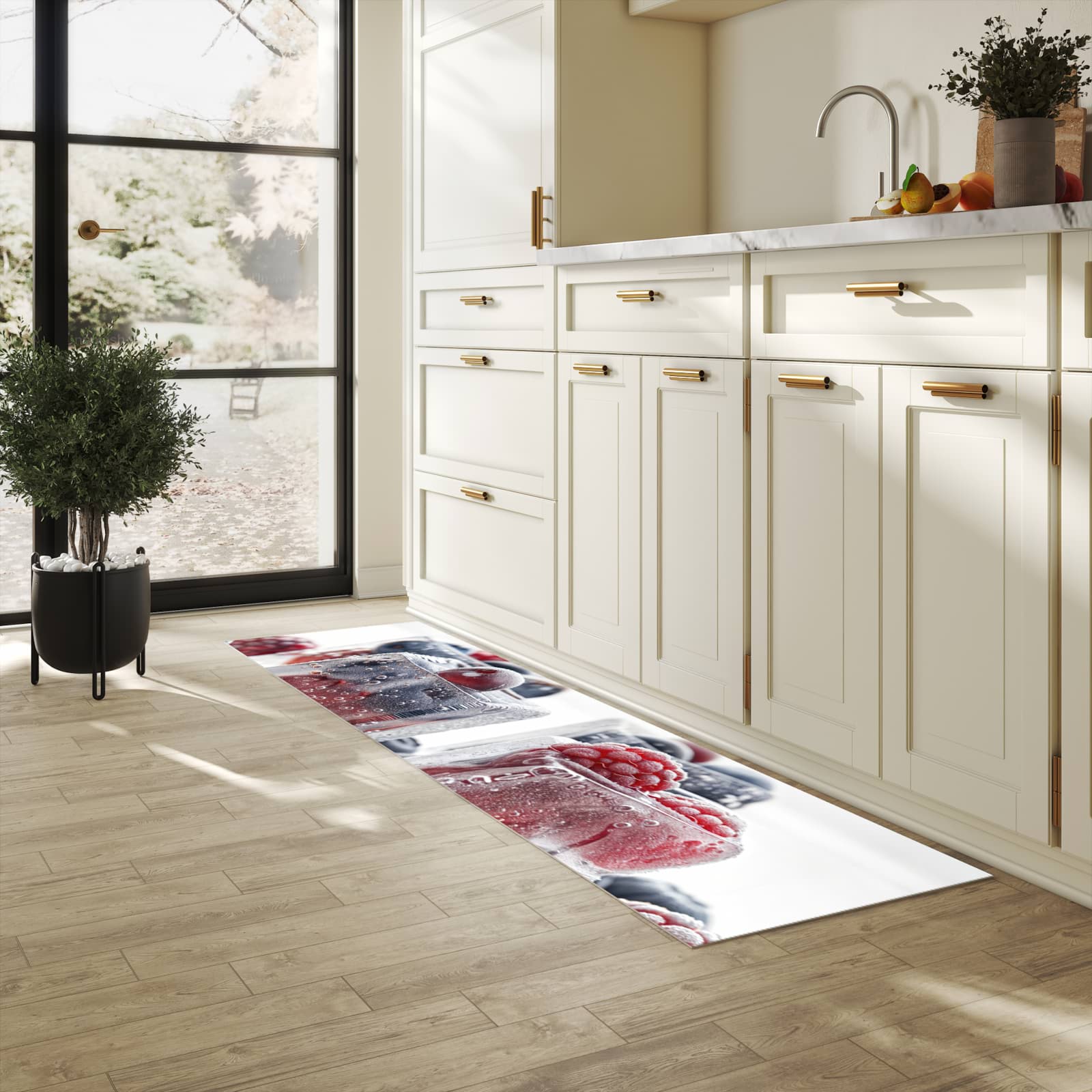 Langlebiger Küchenläufer mit Motiv Gefrorene Beeren in heller Küche