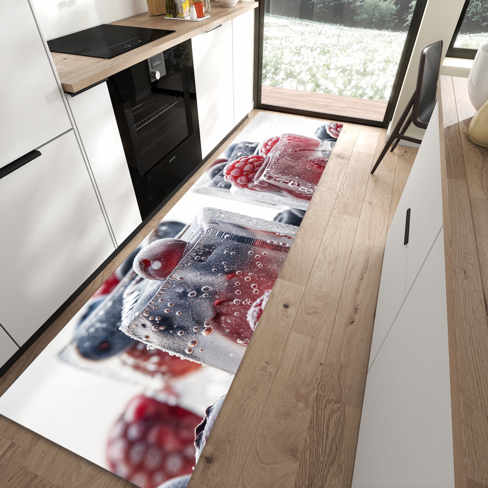 Komfortabler Küchenteppich mit Motiv Gefrorene Beeren in moderner Küche