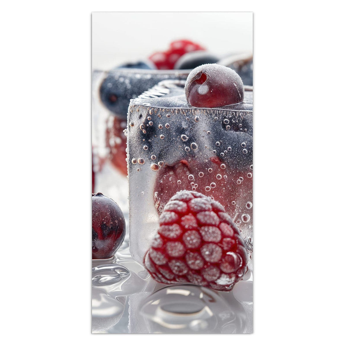 Wandbild aus Glas mit Motiv Gefrorene Beeren: Himbeeren, Kirschen und Blaubeeren in klaren Eiswürfeln vor Weiß #grösse_30 x 60 cm #grösse_40 x 80 cm #grösse_50 x 100 cm #grösse_55 x 110 cm #grösse_60 x 120 cm