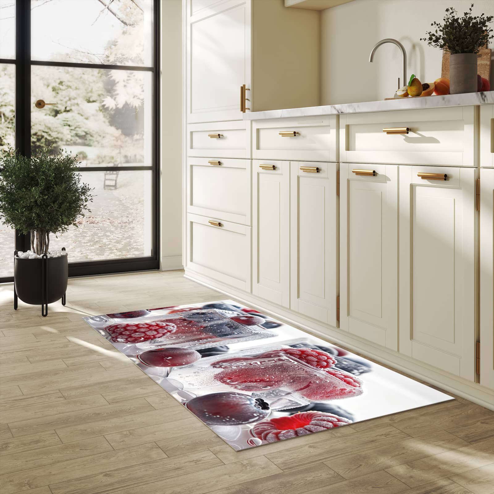 Küchenteppich mit Motiv Gefrorene Beeren in heller Küche für sichere Aufbewahrung